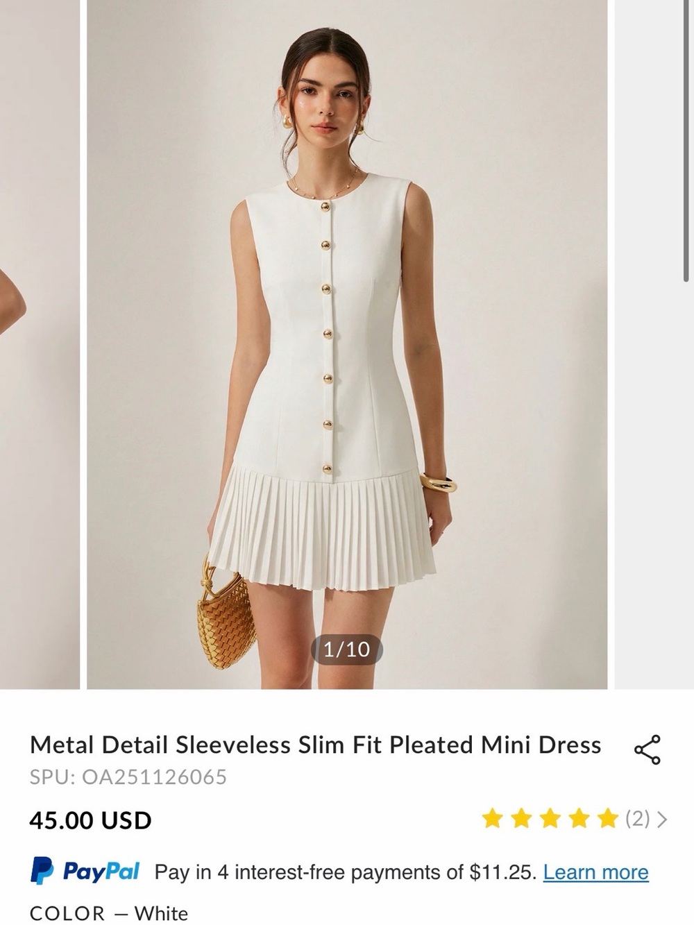 Commense White Sleeveless Pleated Mini Dress with Gold Buttons